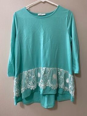 Boho womens tunic top shirt size small lace teal 3/4 sleeve cottagecore coastal